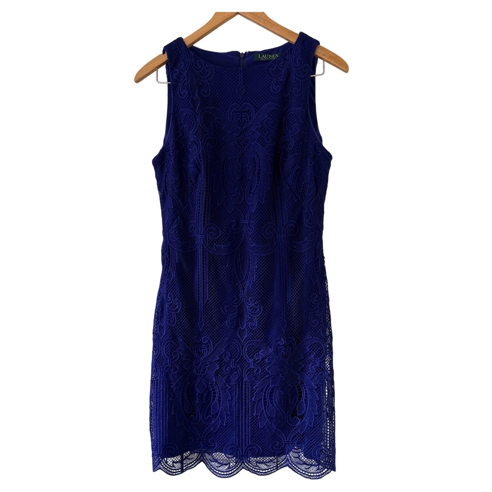 Lauren Ralph Lauren Royal Blue Lace Sheath Dress Scalloped Hem Size 10 Cocktail